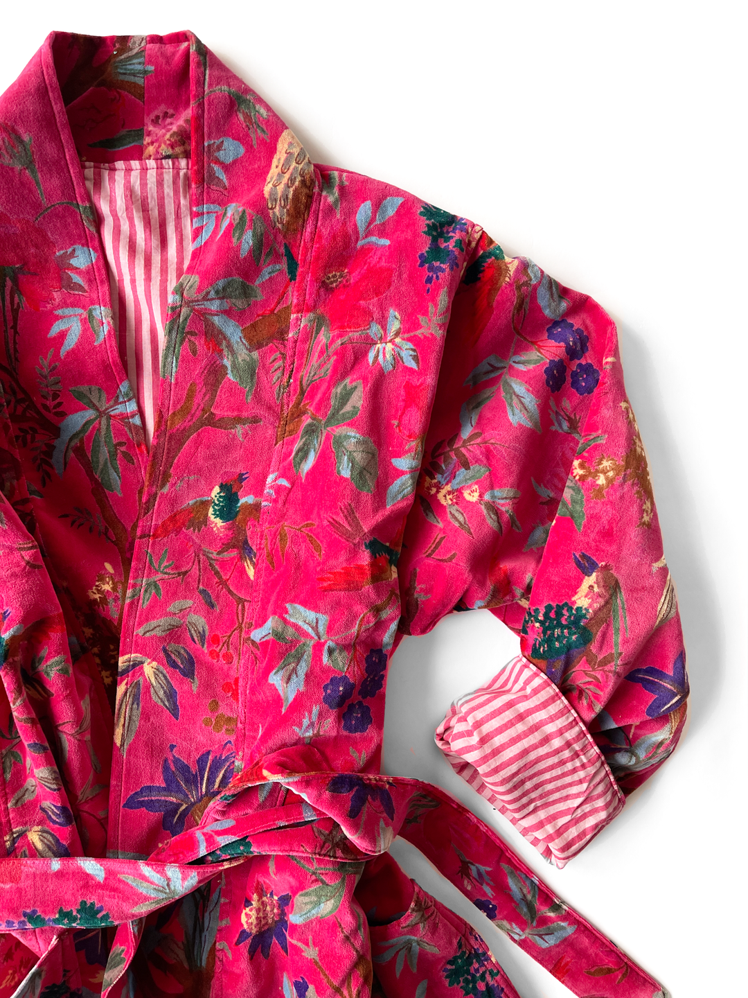 Custom Hand Printed Cotton Velvet Robe in Rose Bird