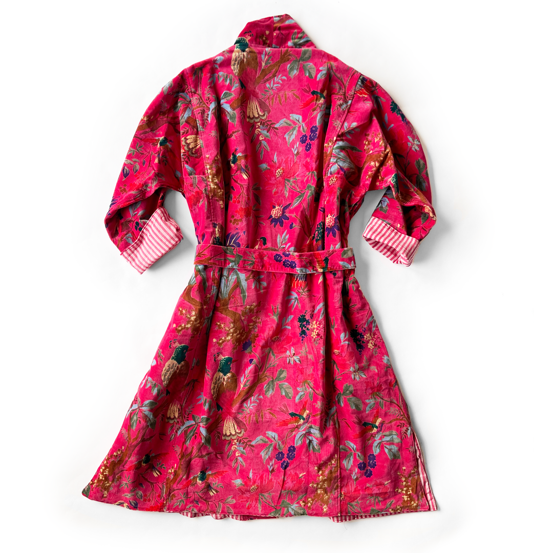 Custom Hand Printed Cotton Velvet Robe in Rose Bird