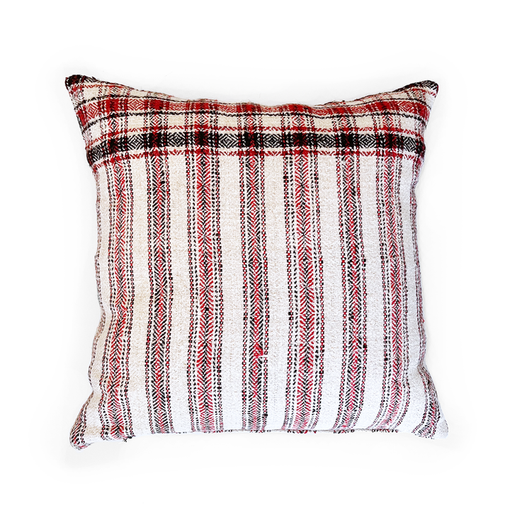 Vintage Wool & Linen Cream, Black & Red Stripe Pillow | 24" x 24"