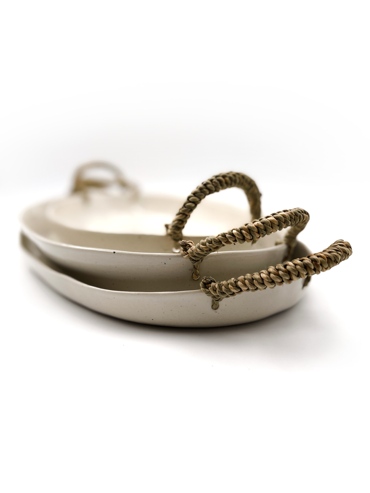 Handcrafted Ceramic Platter w/ Woven Handles | L