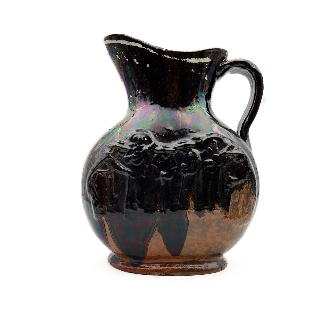 1930's - 40's Mexican Tlaquepaque Folk Art Pottery Pitcher with Relief and Drip Glaze