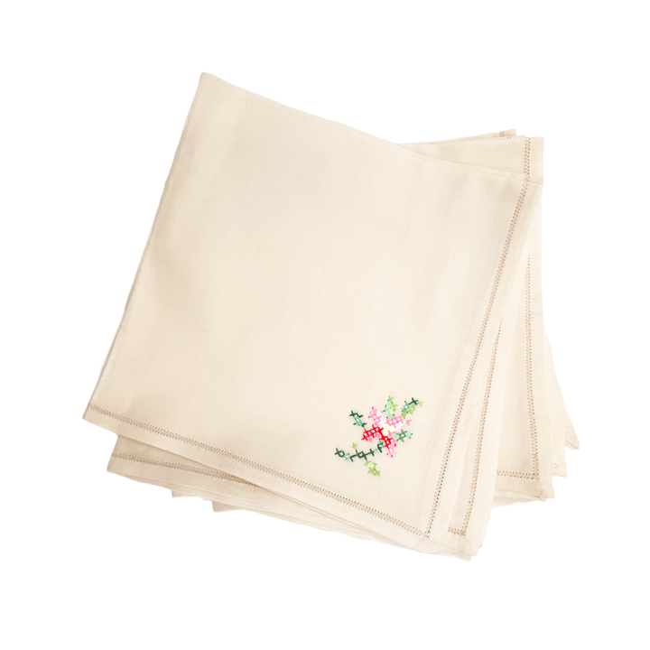 Vintage Handmade Fine Cotton Napkins with Small Cross Stitch Flower Detail | Set of 12