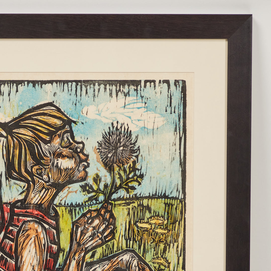 Vintage Hand-Colored Woodcut  "Wish'n Puff",  Signed by Artist