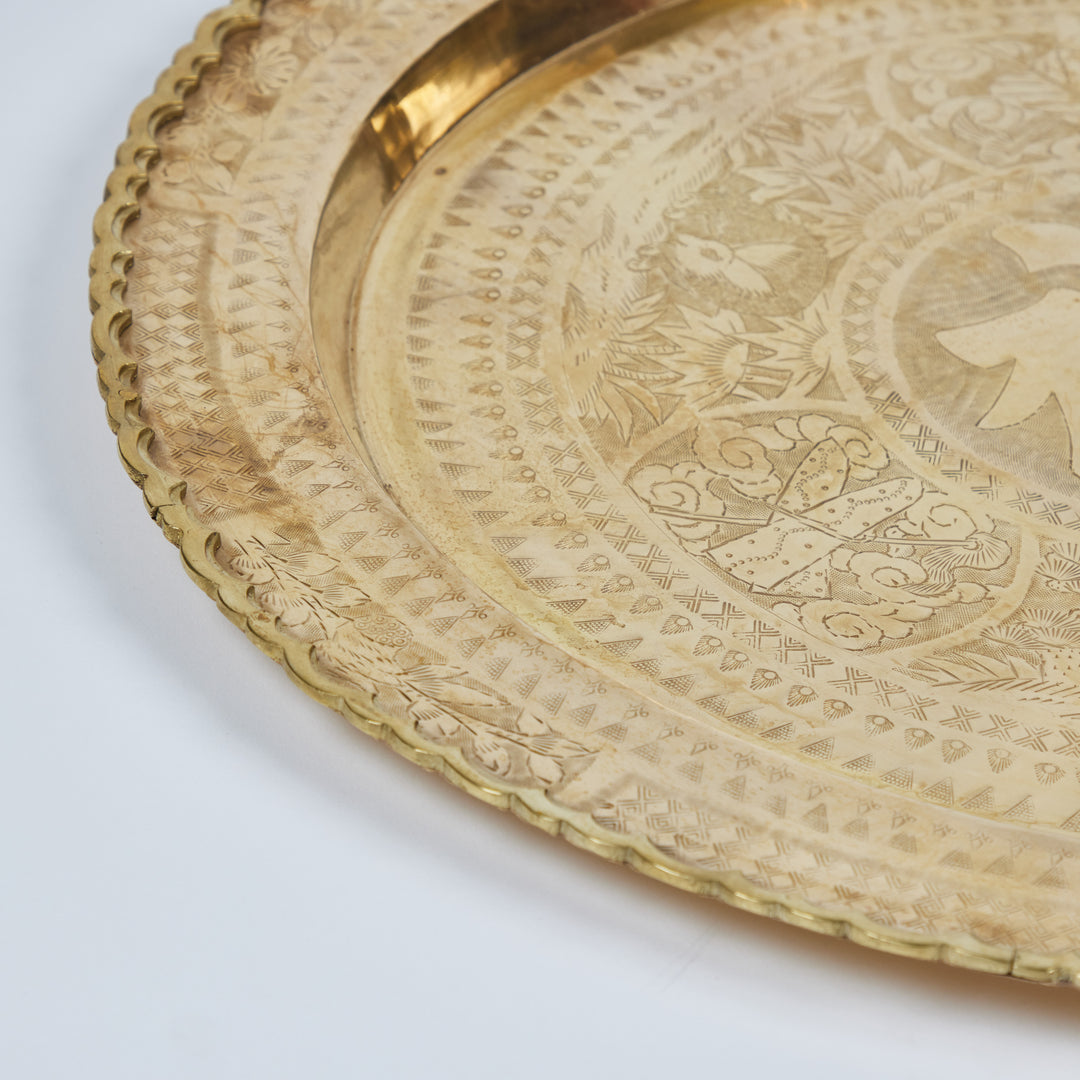 Vintage Chinese Solid Brass Etched Round Tray With Scalloped Edge