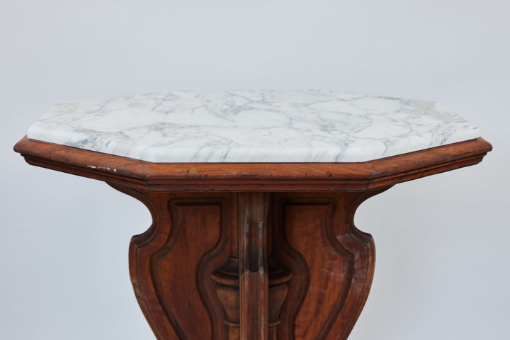 Vintage Carved Wood Pedestal Table w/ New Marble Top