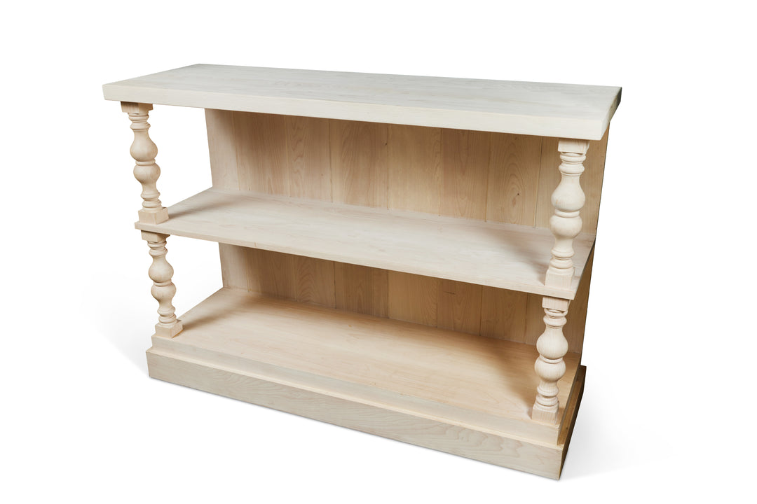 Custom 3-Tier Wall Console with Shelves, Turned Wood Column Accent, Beech Wood
