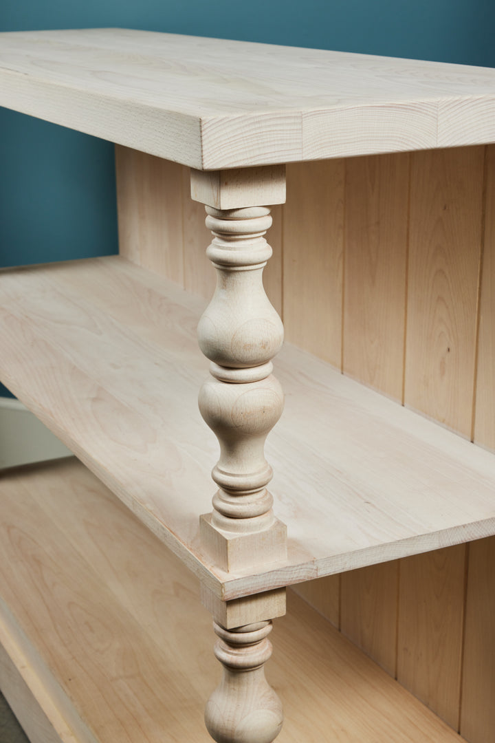 Custom 3-Tier Wall Console with Shelves, Turned Wood Column Accent, Beech Wood