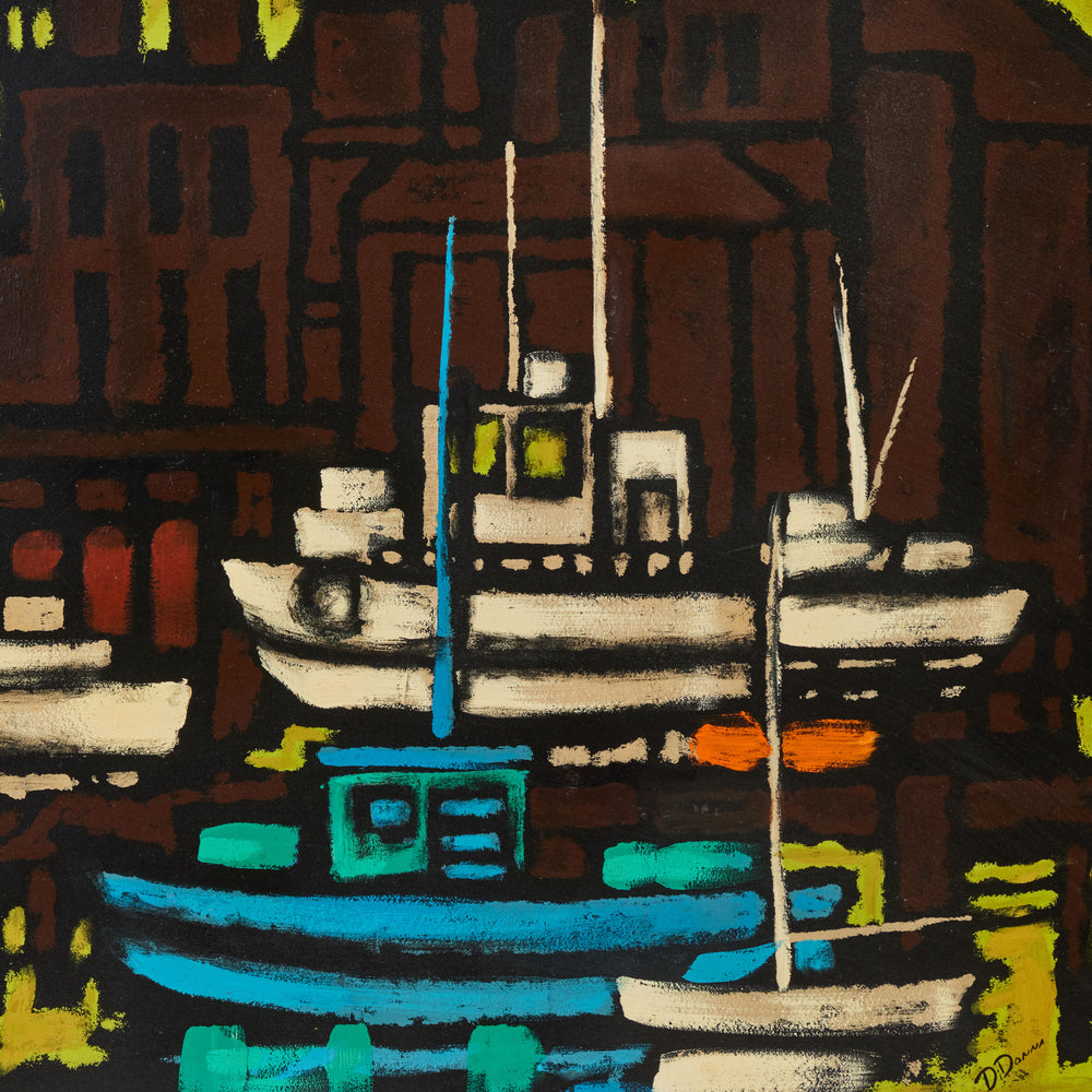 Mid Century Painting of Boats in the Harbor, Signed by the Artist and Newly Framed