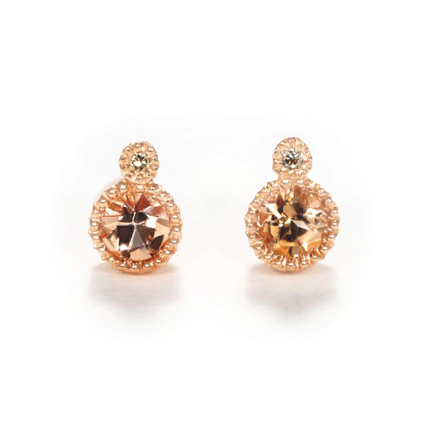 Sirciam Jewelry - 14K Rose Gold, Peach Topaz Milgrain Studs with Diamonds