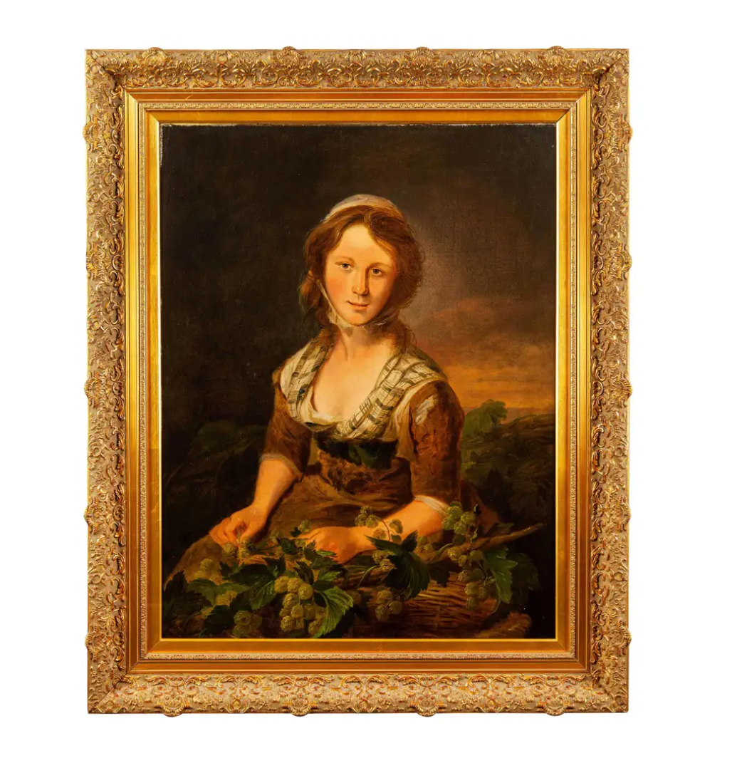 Antique "The Hop Picker" oil painting by Thomas Barker of Bath (1769-1847) (attributed) newly framed in a large scale Regal Museum quality ornate gold frame.  H 45 in. x W 37 in. x D 2.5 in.