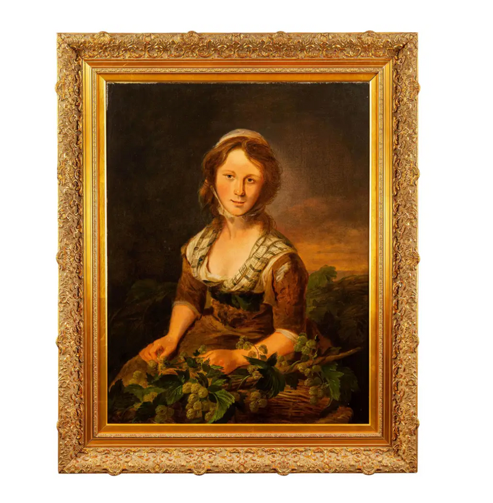 Antique "The Hop Picker" oil painting by Thomas Barker of Bath (1769-1847) (attributed) newly framed in a large scale Regal Museum quality ornate gold frame.  H 45 in. x W 37 in. x D 2.5 in.