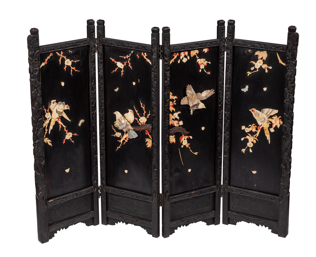 Antique Hand Carved, Black Lacquer Table Top 4 Panel Folding Screen