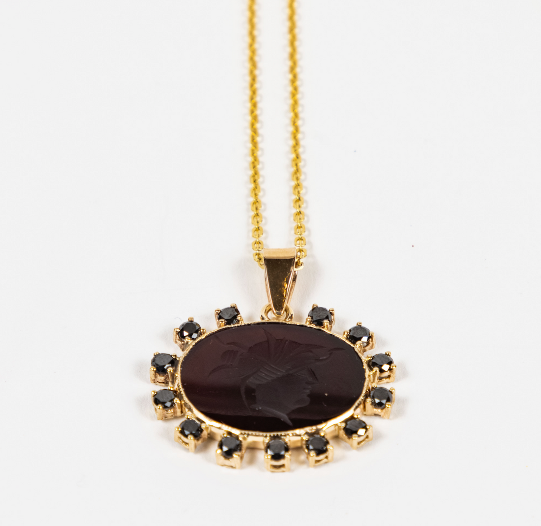 Custom Pendant  made from a Vintage Agate Intaglio Cuff Link, Set in 14KT Gold with a 1.28 CT Black Diamond Surround with New 14KT Chain