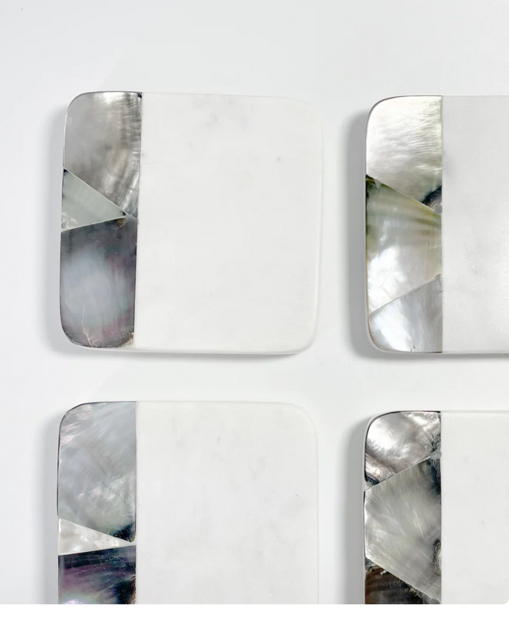 Grey Mother of Pearl White Marble Coasters | Set of 4