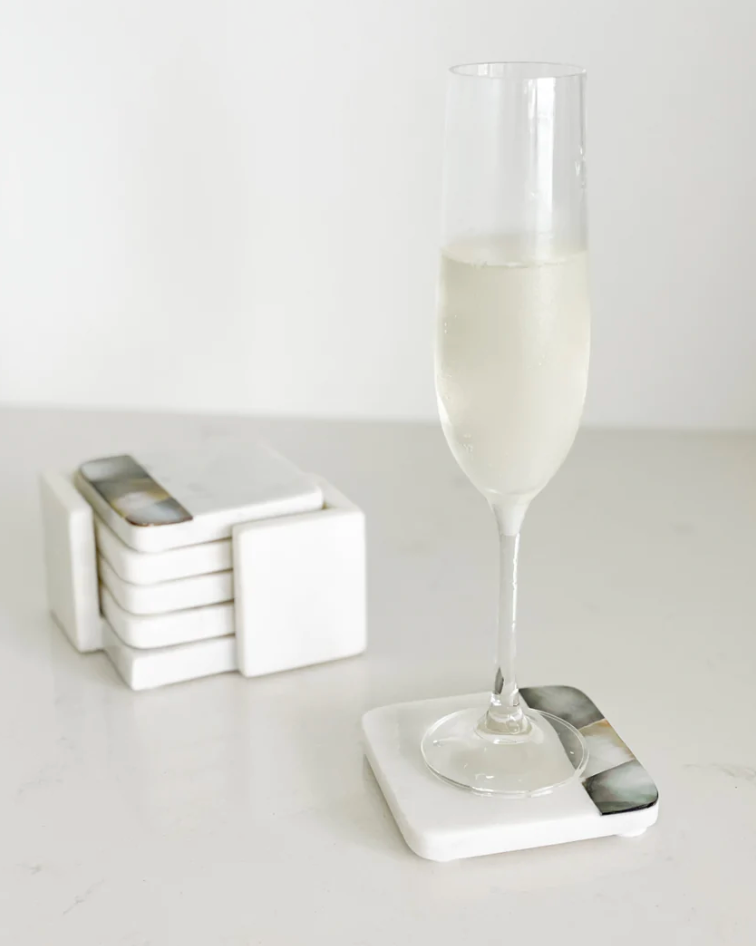 Grey Mother of Pearl White Marble Coasters | Set of 4