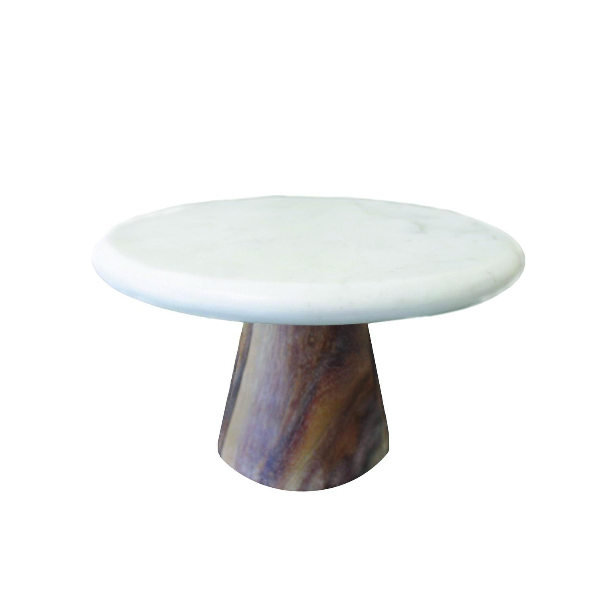 White Marble Cake Plate with Wood Base | S