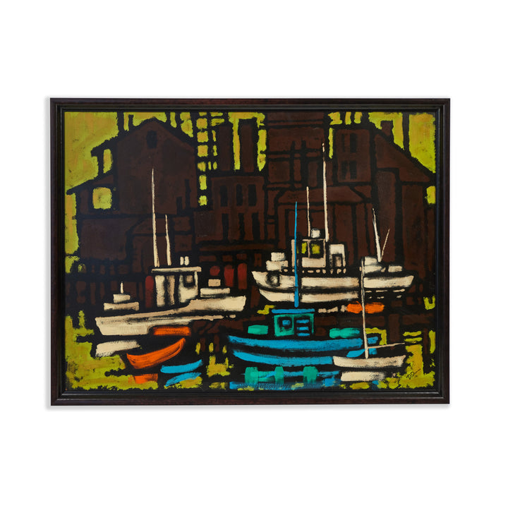 Mid-Century Painting of Boats in the Harbor, Signed by the Artist and Newly Framed.