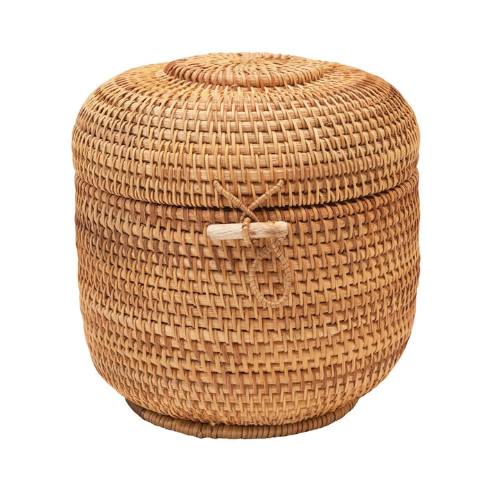 Round Hand-Woven Rattan Basket w/ Lid