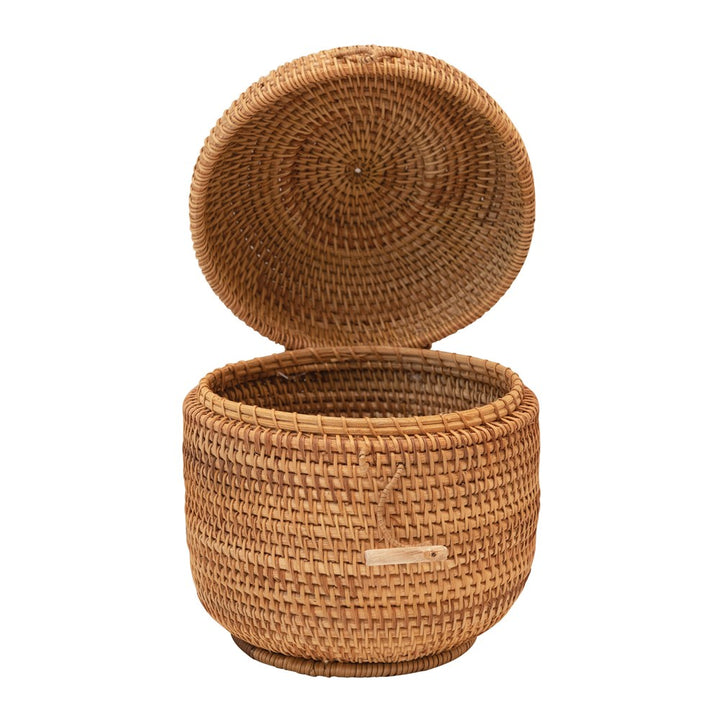 Round Hand-Woven Rattan Basket w/ Lid