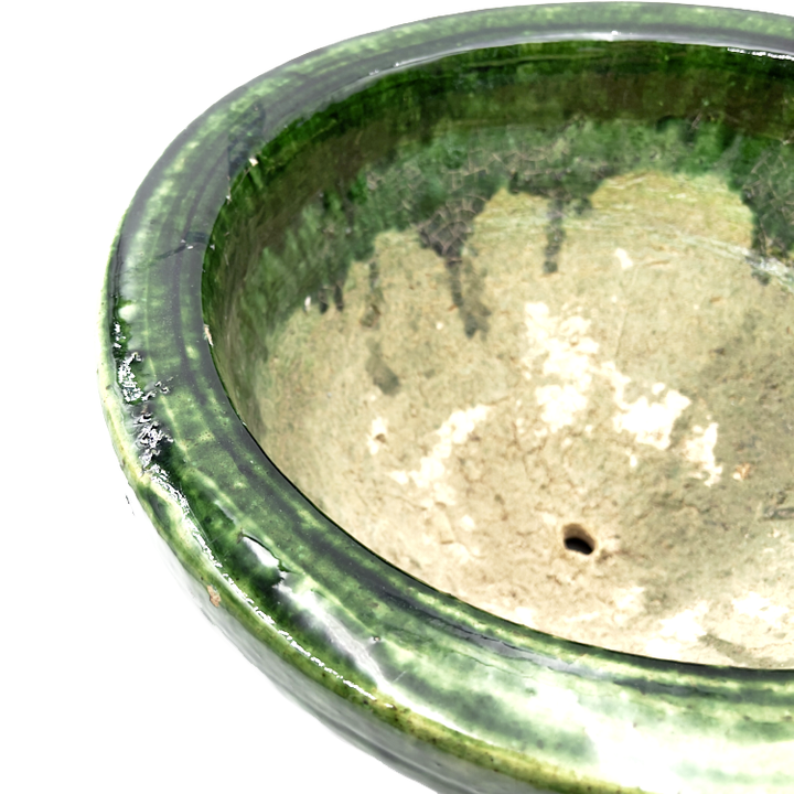 Hand Thrown Rustic Pottery Planter with Green Glaze, Morocco | G3