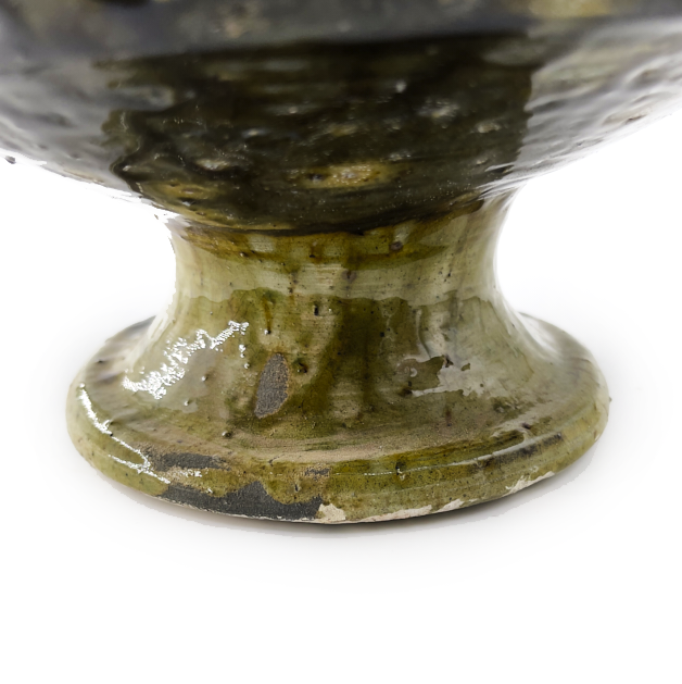 Hand Thrown Rustic Footed Bowl with  Drip Green Glaze, Morocco | L2