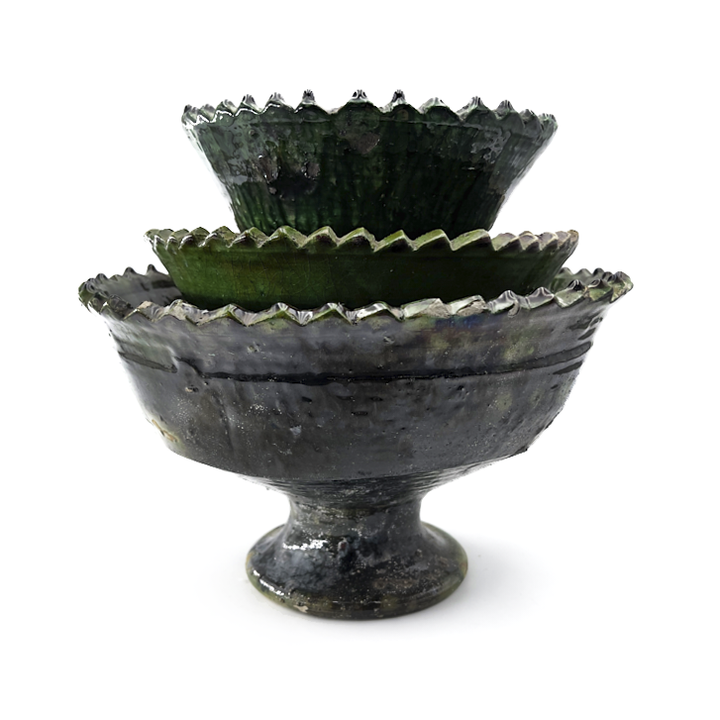 Hand Thrown Rustic Footed Bowl with  Drip Green Glaze, Morocco | L2