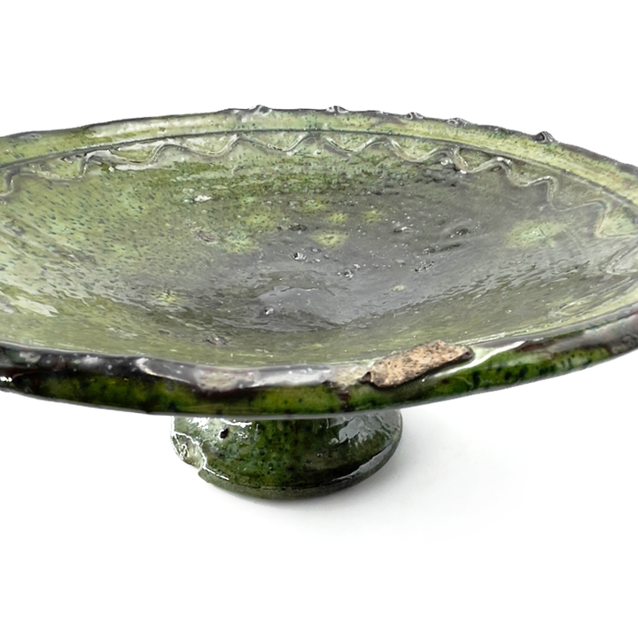 Hand-Thrown-Rustic-Footed-moroccan-dish-with -Drip-Green-Glaze
